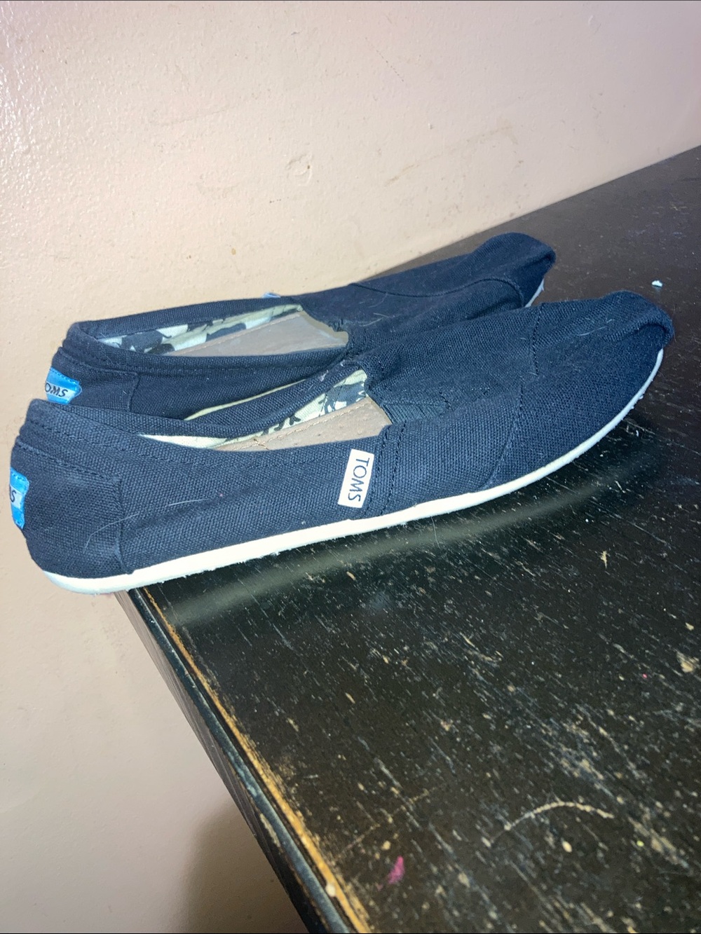 TOMS Navy Canvas Slip-On Flats with White Soles